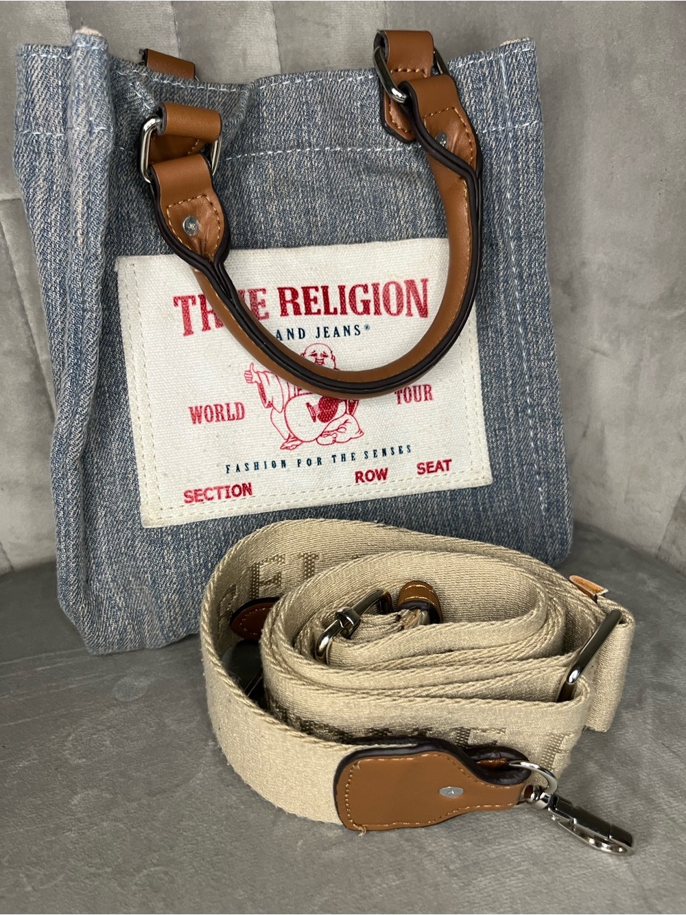 True Religion Blue Denim Tote with Tan Leather Handles